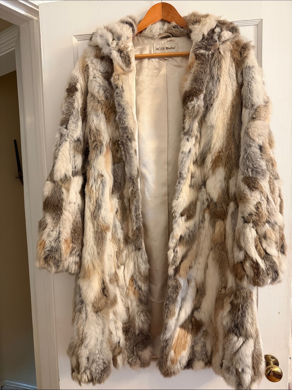Vintage Rabbit Fur Coat in Cream, Brown & Gray